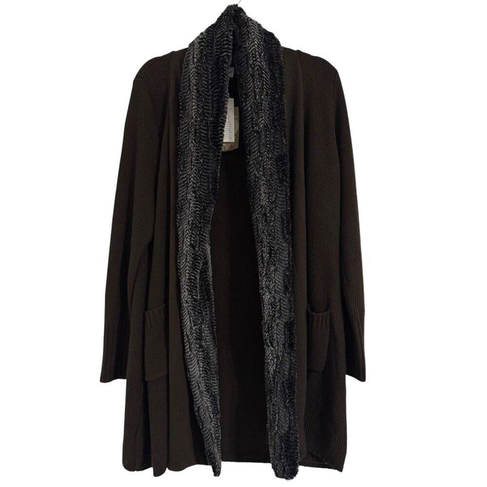NWT Soft Surroundings LARGE Beaumont Faux Fur Trim Brown Open Front Cardigan